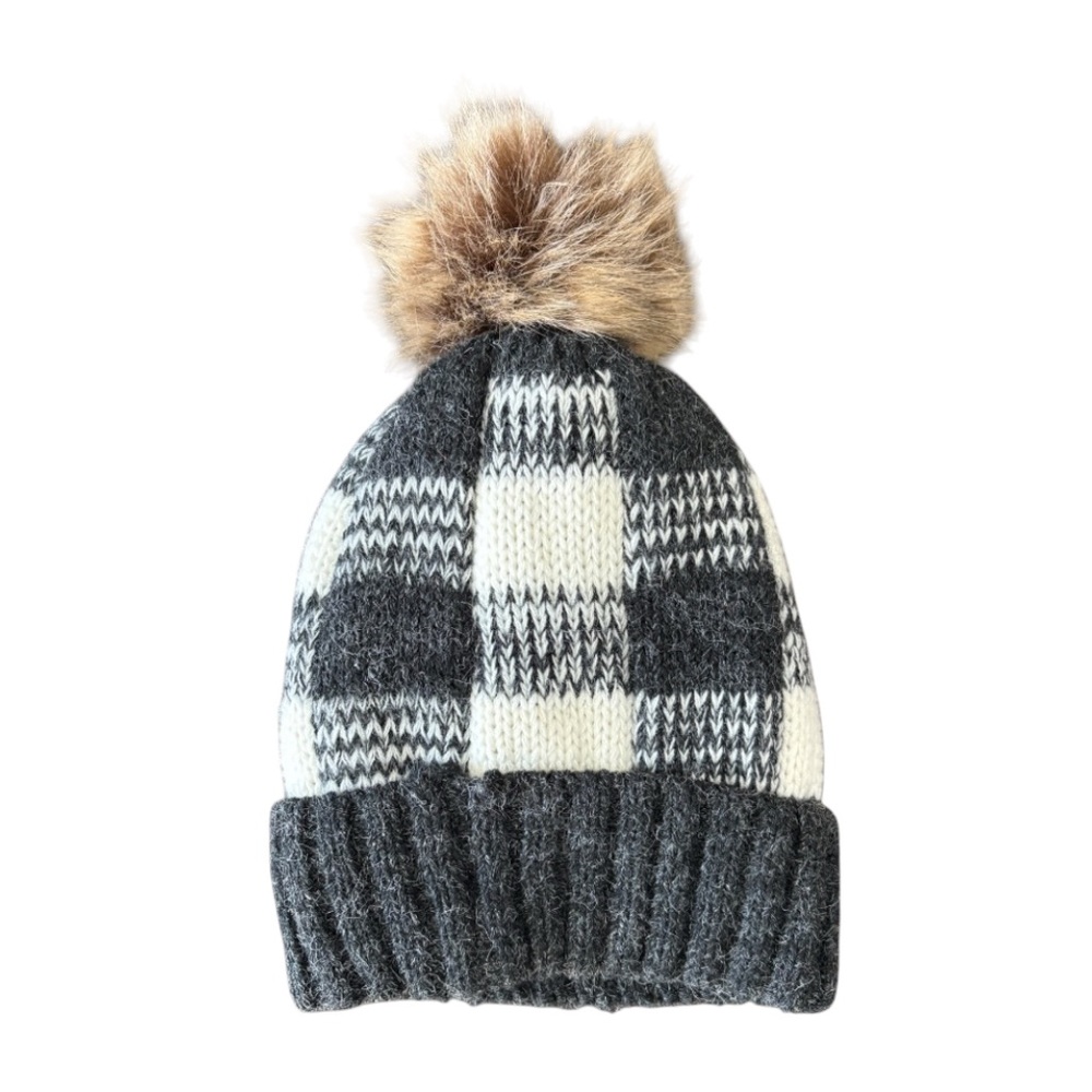 NEW Ladies Extra Soft Grey White Checkered Fur Lined Hat Stocking Stuffer Gift